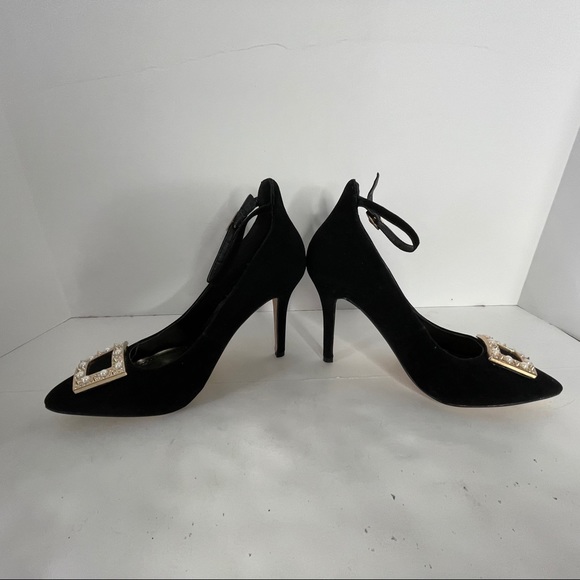 Anne Michelle Heels Black Faux Suede Pearl Buckle 7-1/2 - Picture 13 of 15